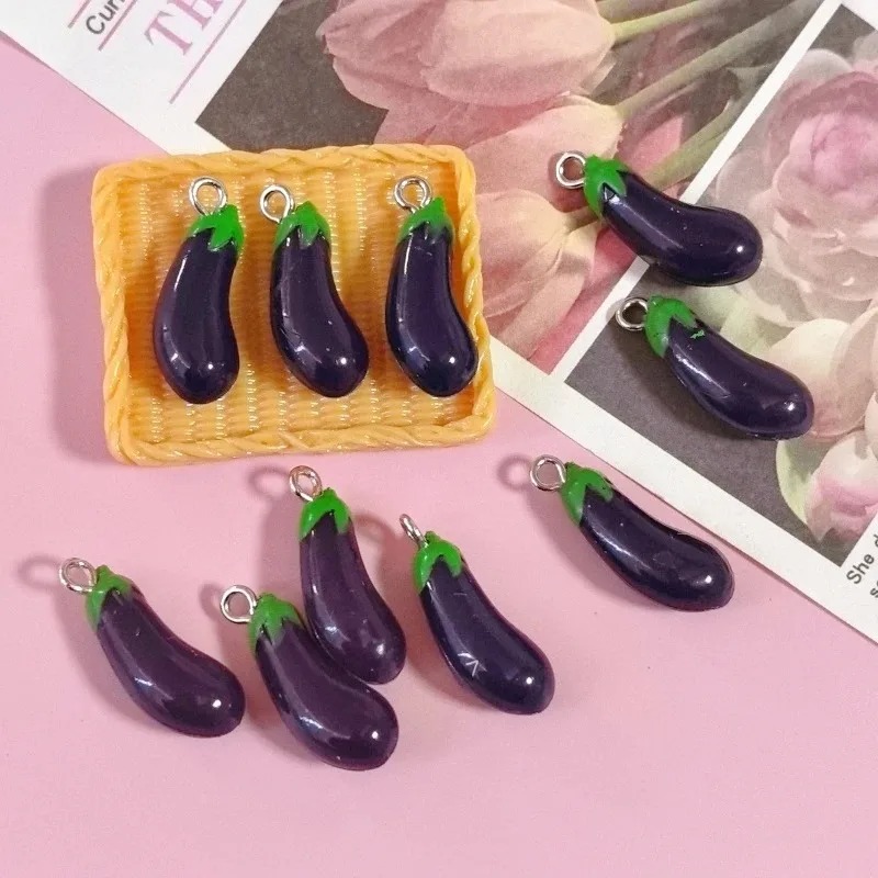 Resin Crafts Diy - ชาร์มเรซิ่นรูปมะเขือม่วง 3 มิติ 10 ชิ้น จี้ผักจิ๋ว