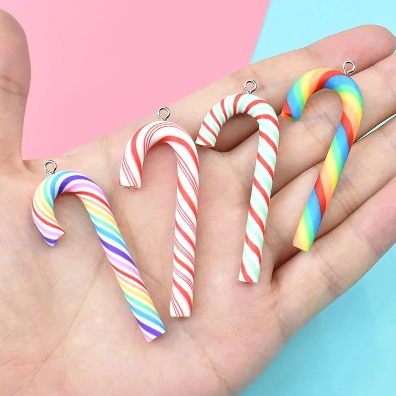 Resin Crafts - จี้รูปแท่งขนมคริสต์มาสทำจากดินโพลิเมอร์ขนาดใหญ่ น่ารัก 10 ชิ้น อุปกรณ์ตกแต่งงานฝีมือ DIY